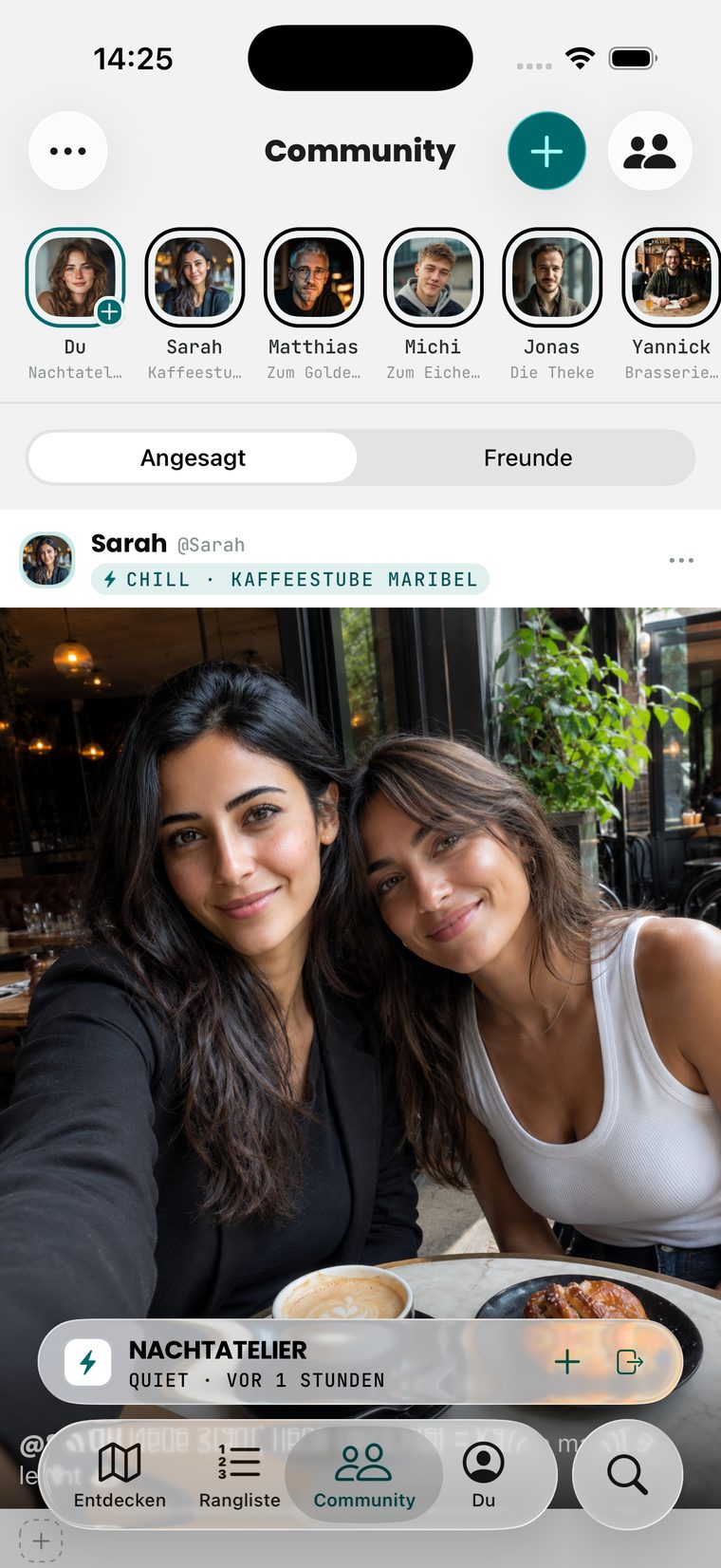 Community-Feed von DSCVRBAR mit Postings aus der Umgebung und von Freunden