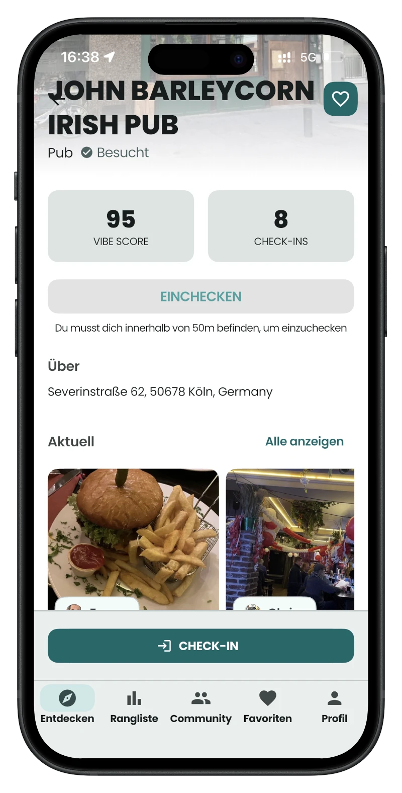 Screenshot der Community der Location mit Vibe-Score und Check-Ins