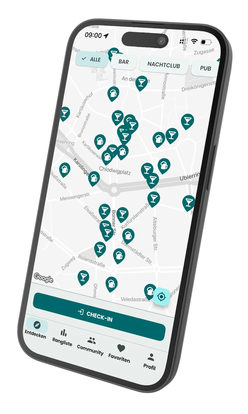 Screenshot der DSCVRBAR Live-Karte mit markierten Bars und Pubs in der Umgebung