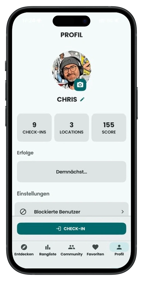 Screenshot des Profils der DSCVRBAR App mit Check-Ins und Vibe-Score